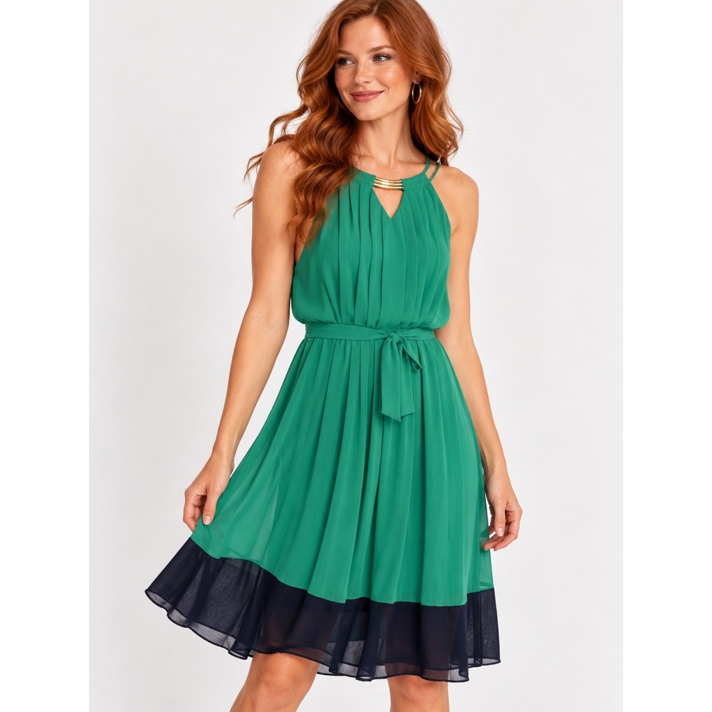 GNW Size 16 Teal Green Black Chiffon Halter Dress Gold Neckline Belted